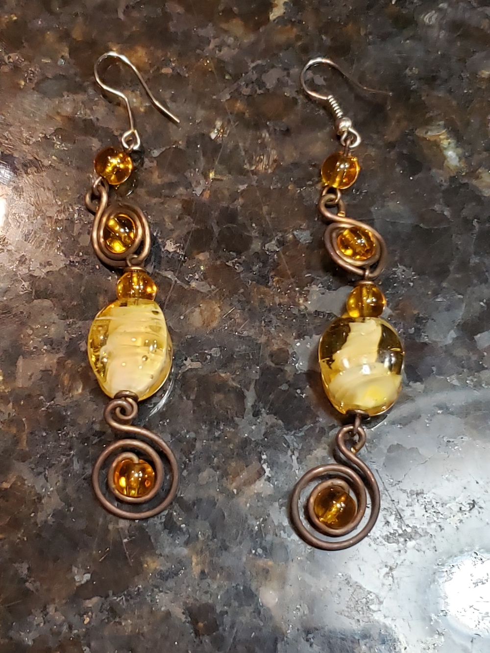 Handmade Amber-tone Glass Spiral 3" Drop Earrings